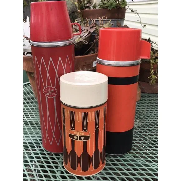 Dining Vtg Mcm 7s Thermos Red Black Geo Camping Picnic Lot
